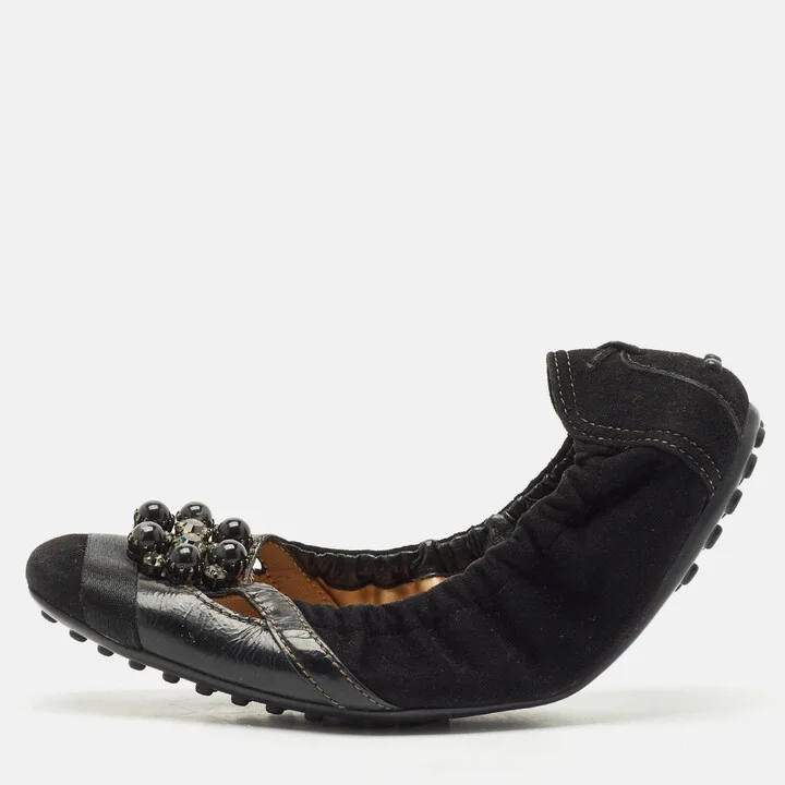 Tod's Black Suede Scrunch Crystal Embellished Bow Ballet Flats Size 37.5