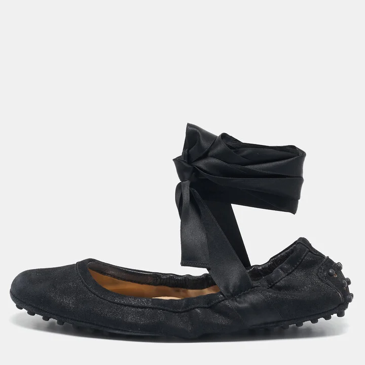 Tod's Black Suede Scrunch Ribbon Ballet Flats Size 38.5