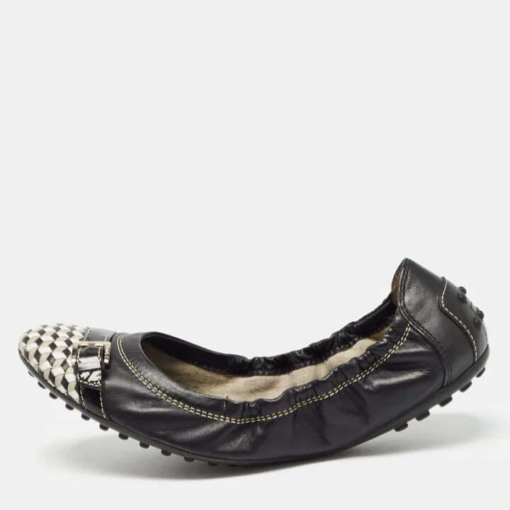 Tod's Black/White Leather Bow Detail Scrunch Ballet Flats Size 37.5