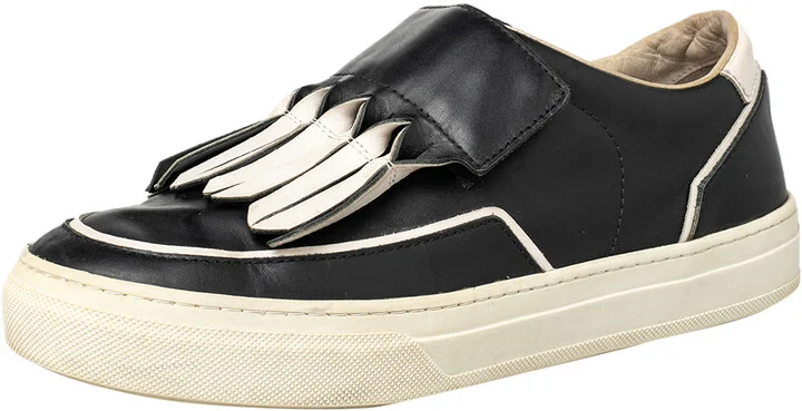 Tod's Black/White Leather Fringe Detail Slip On Sneakers Size 37