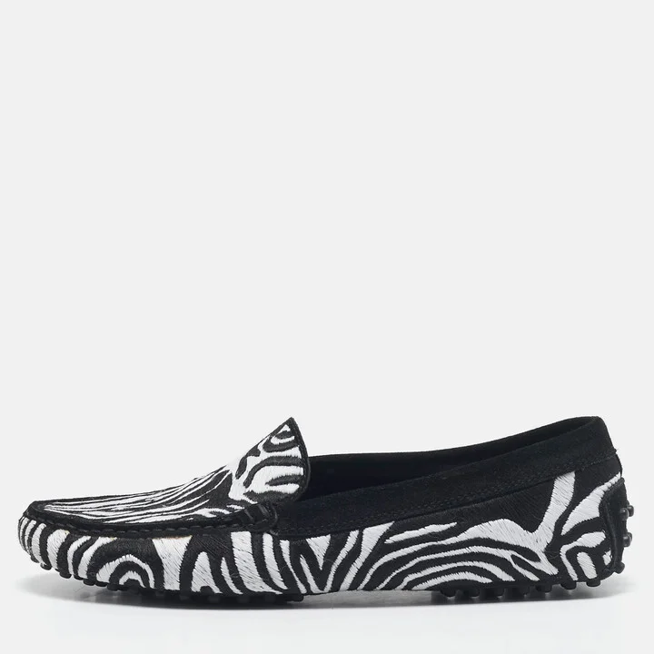 Tod's Black/White Suede Embroidered Slip On Loafers Size 40.5