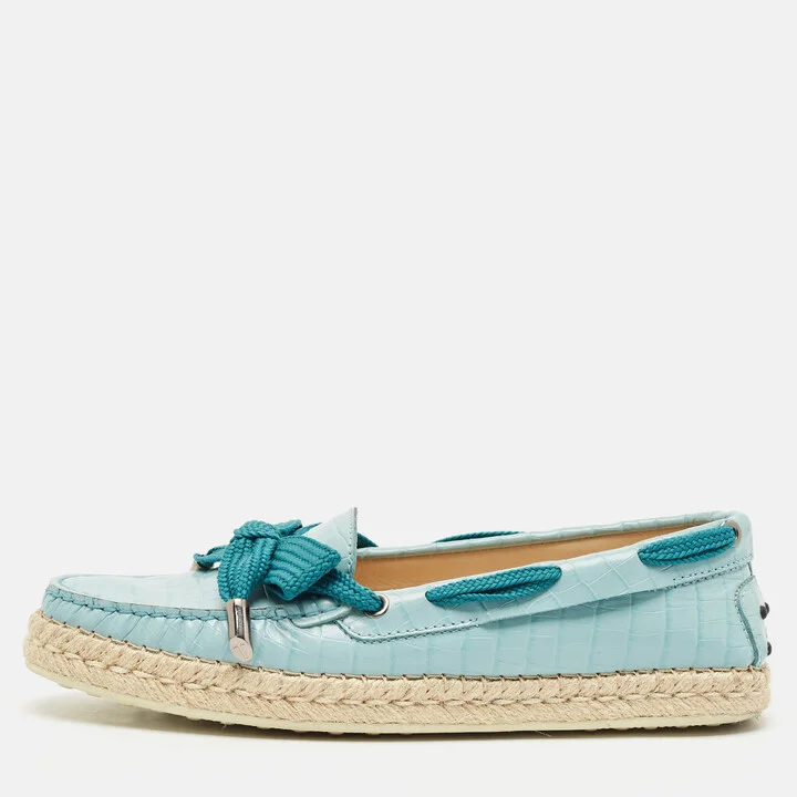 Tod's Blue Croc Embossed Leather Espadrille Loafers Size 39