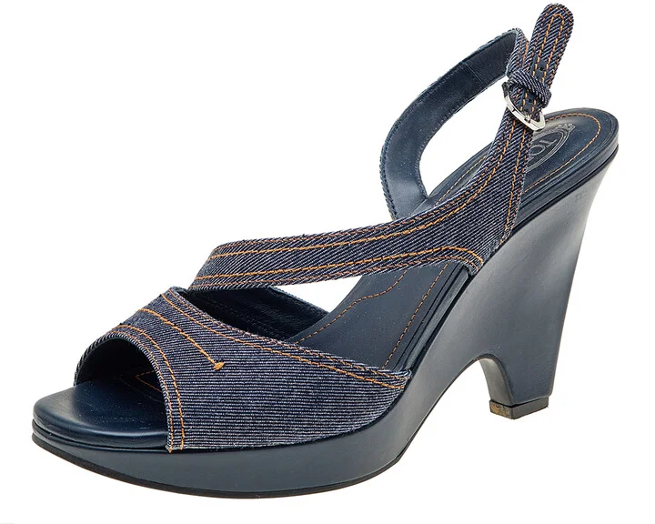 Tod's Blue Denim Slingback Platform Wedge Sandals Size 41