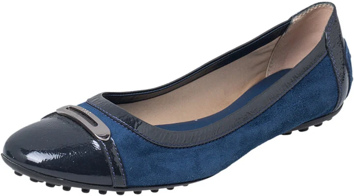 Tod's Blue Suede And Patent Leather Embellished Cap Toe Ballet Flats Size 38