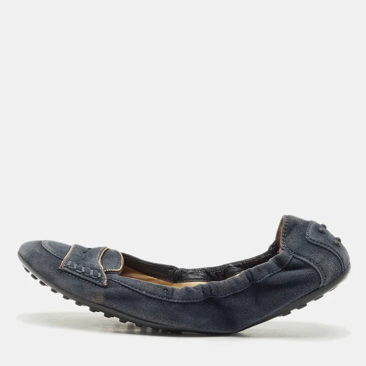 Tod's Blue Suede Buckle Scrunch Ballerina Flats Size 38.5