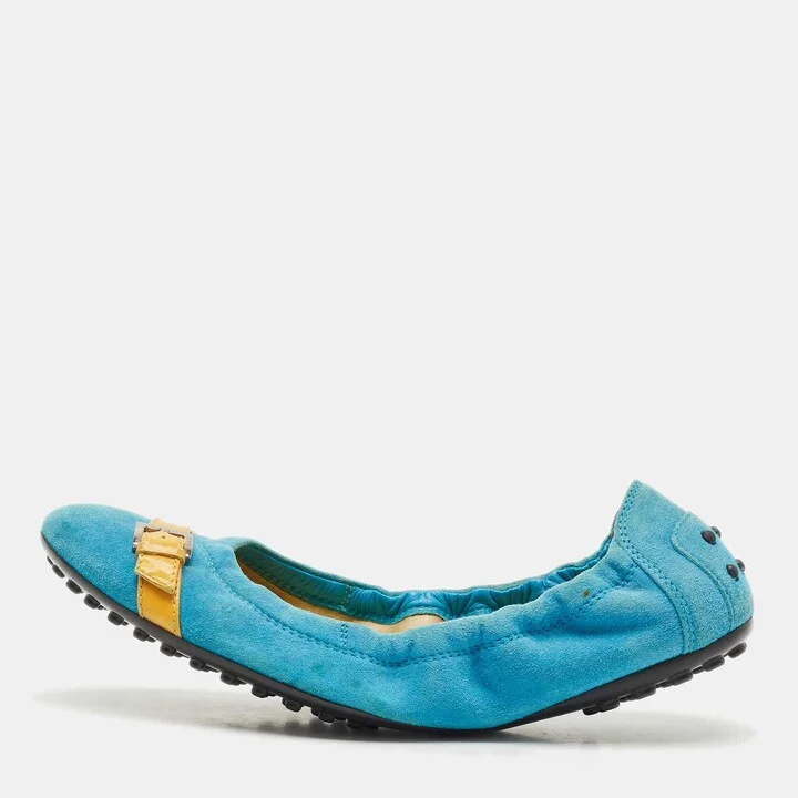 Tod's Blue/Yellow Suede and Patent Leather Trim Buckle Detail Scrunch Ballet Flats Size 36