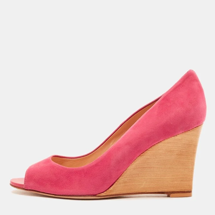 Tod's Bright Pink Suede Open Toe Wedge Pumps Size 38