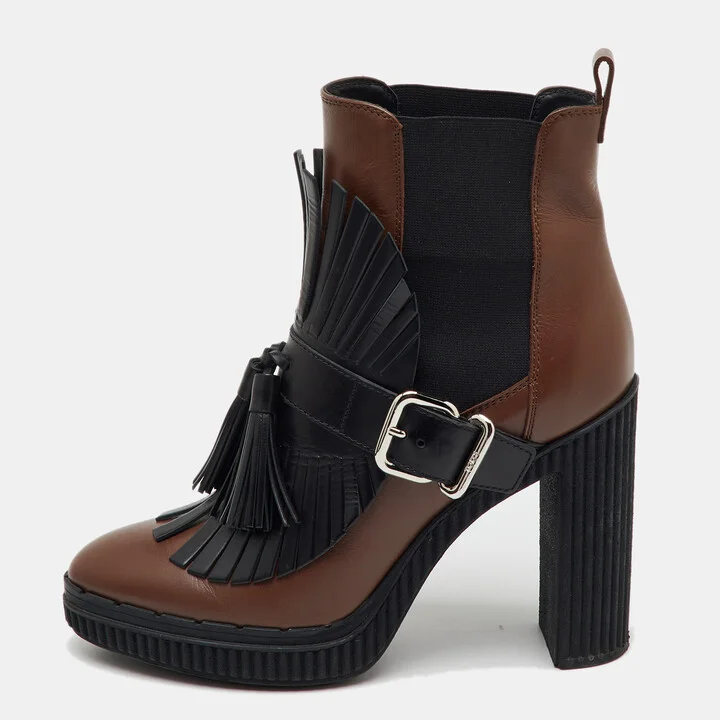 Tod's Brown/Black Leather Tassel Ankle Length Boots Size 37