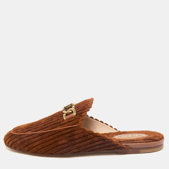 Tod's Brown Corduroy Fabric Chain Detail Flat Mules Size 37.5