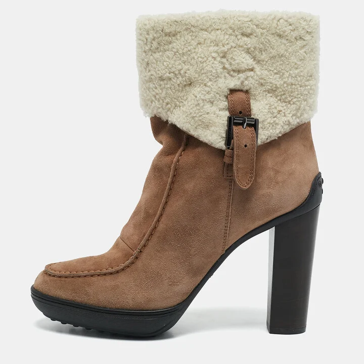 Tod's Brown/Cream Shearling and Suede Ankle Length Boots Size 39
