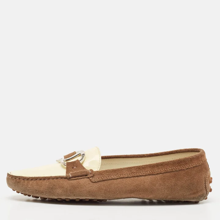 Tod's Brown/Cream Suede and Patent Leather Slip On Loafers Size 40