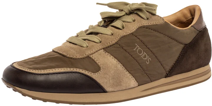 Tod's Brown/Green Nylon Leather and Suede Low Top Sneakers Size 44