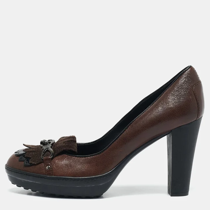 Tod's Brown Leather and Suede Fringe Platform Pumps Size 38.5