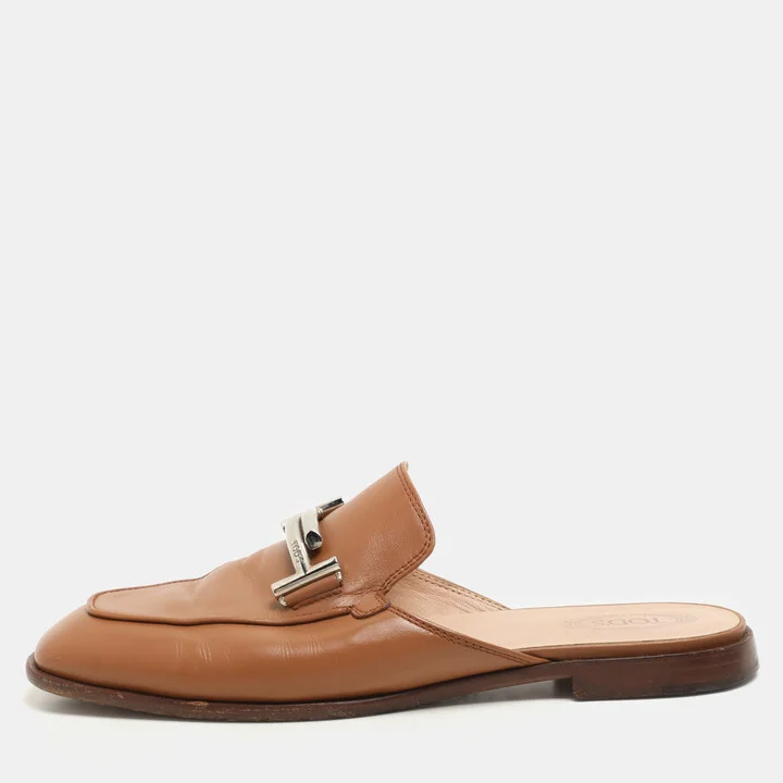 Tod's Brown Leather Double T Flat Mules Size 38.5