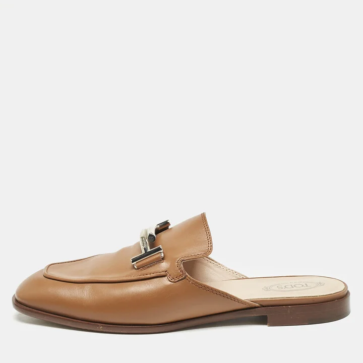 Tod's Brown Leather Double T Flat Mules Size 39