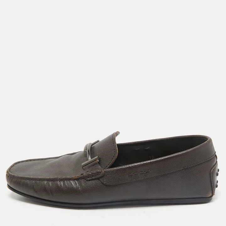 Tod's Brown Leather Double T Slip On Loafers Size 44.5