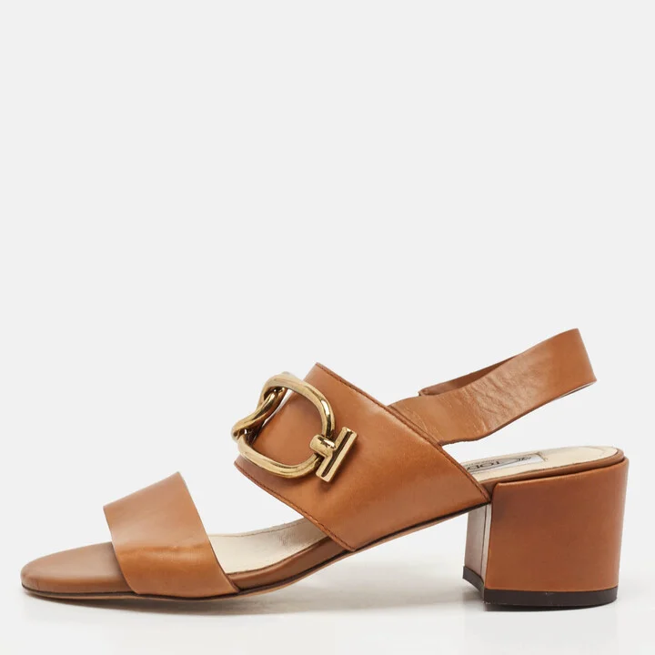 Tod's Brown Leather Slingback Block Heel Sandals Size 37