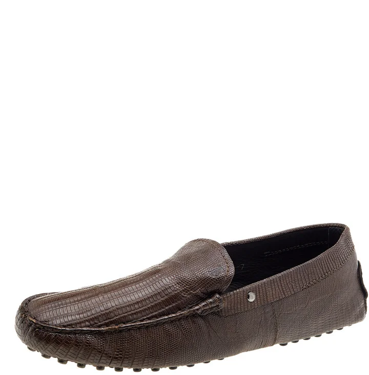 Tod's Brown Lizard Embossed Leather Slip On Loafers Size 41