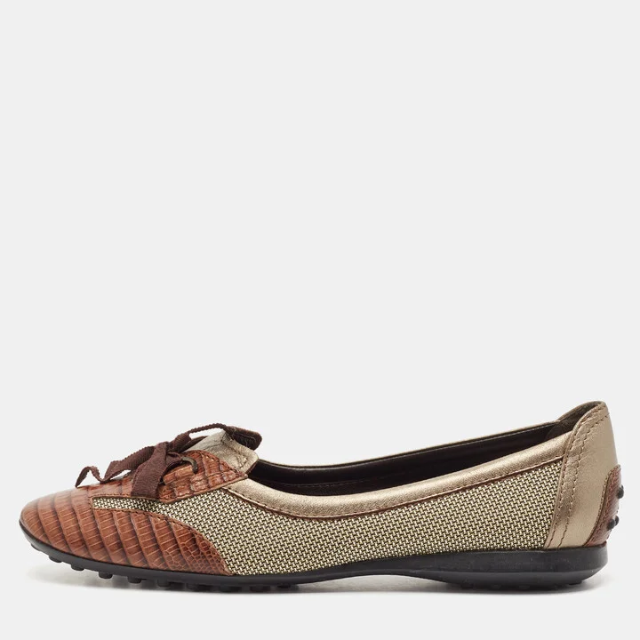 Tod's Brown/Metallic Leather and Mesh Ballet Flats Size 38.5
