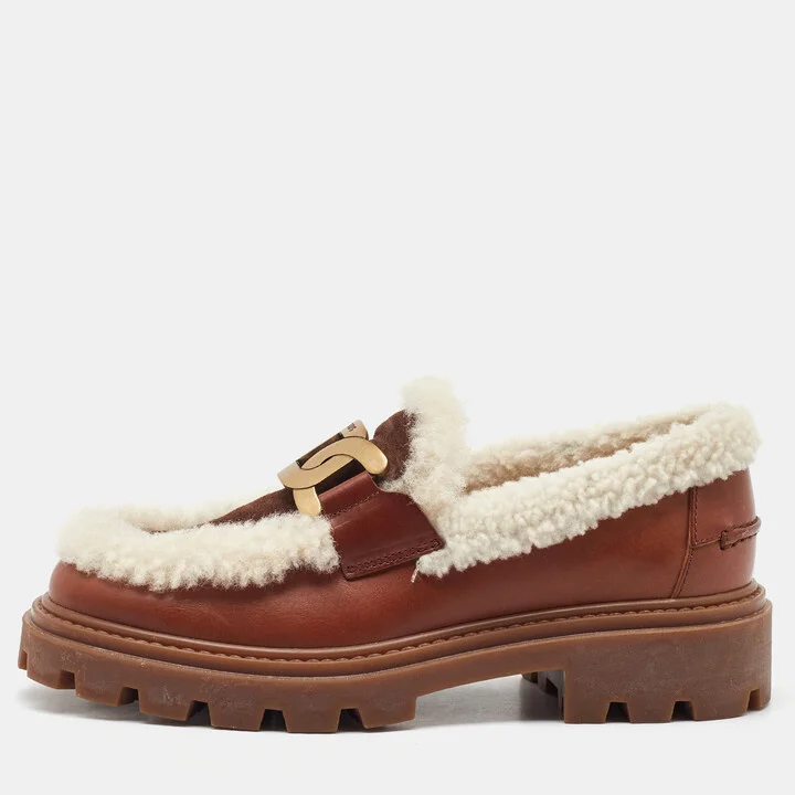 Tod's Brown/Off White Leather and Shearling Fur Kate Slip On Loafers Size 36.5