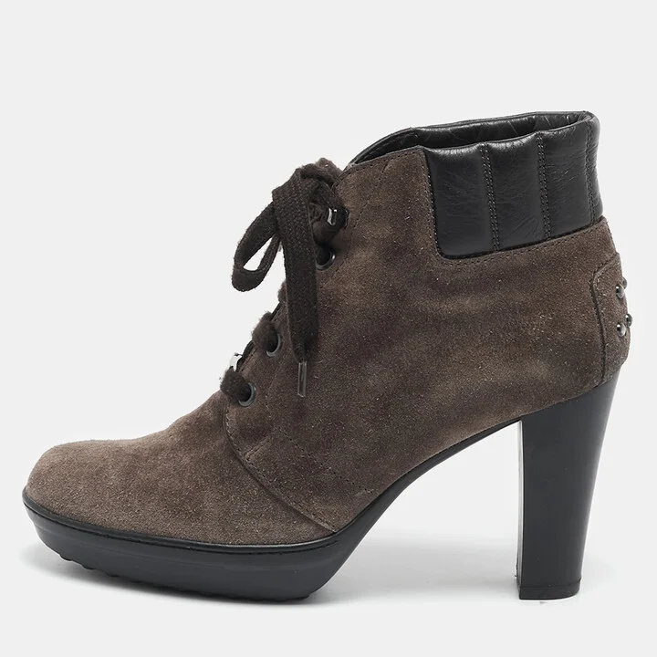 Tod's Brown Suede and Leather Lace Up Ankle Boots Size 36