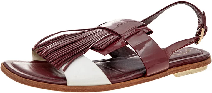 Tod's Burgundy/White Patent Leather And Leather Fringe Flat Sandals Size 38.5
