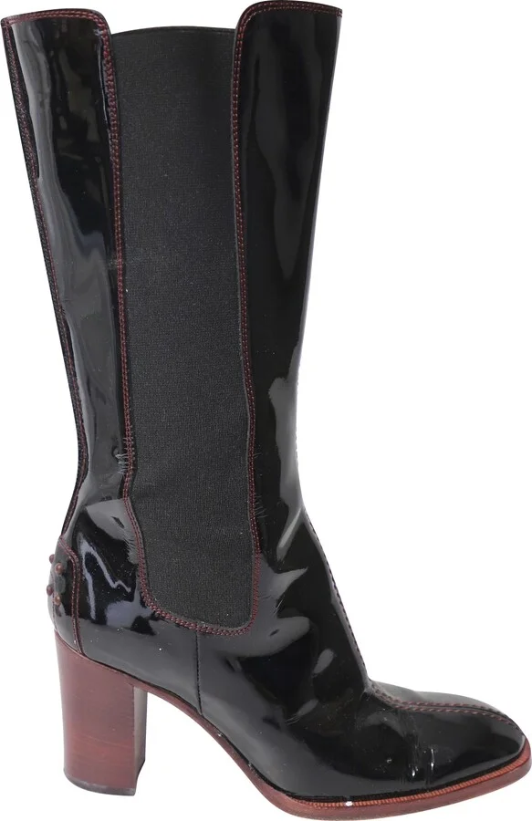 Tods Contrast Stitch Knee-High Boots in Black Patent Leather