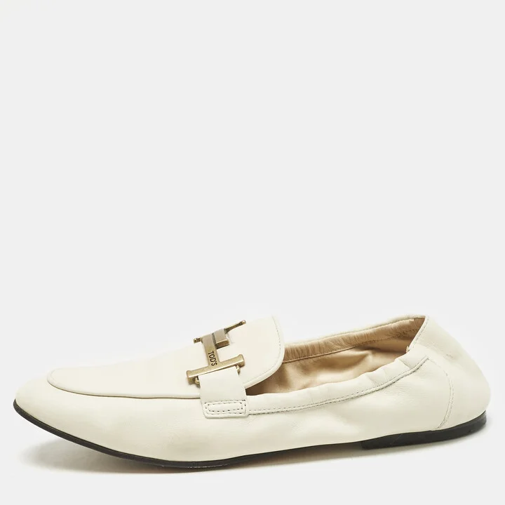 Tod's Cream Leather Double T Loafers Size 37.5