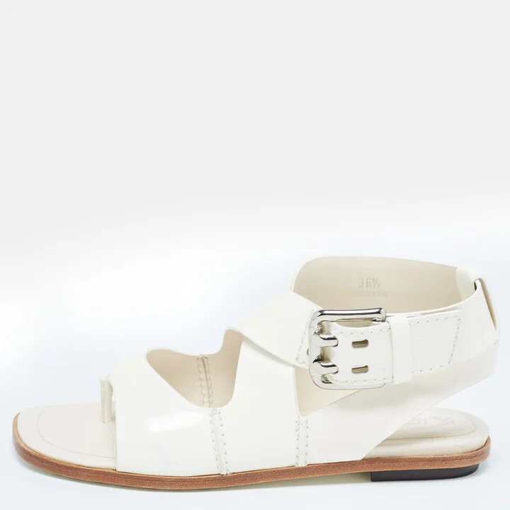 Tod's Cream Patent Leather Cross Strap Flat Sandals Size 36.5