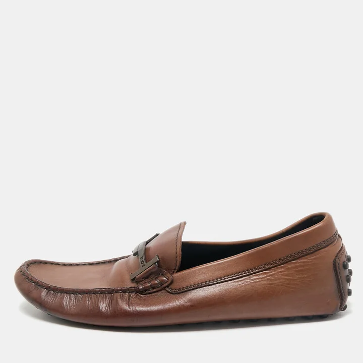 Tod's Dark Brown Leather Double T Logo Slip On Penny Loafers Size 42.5