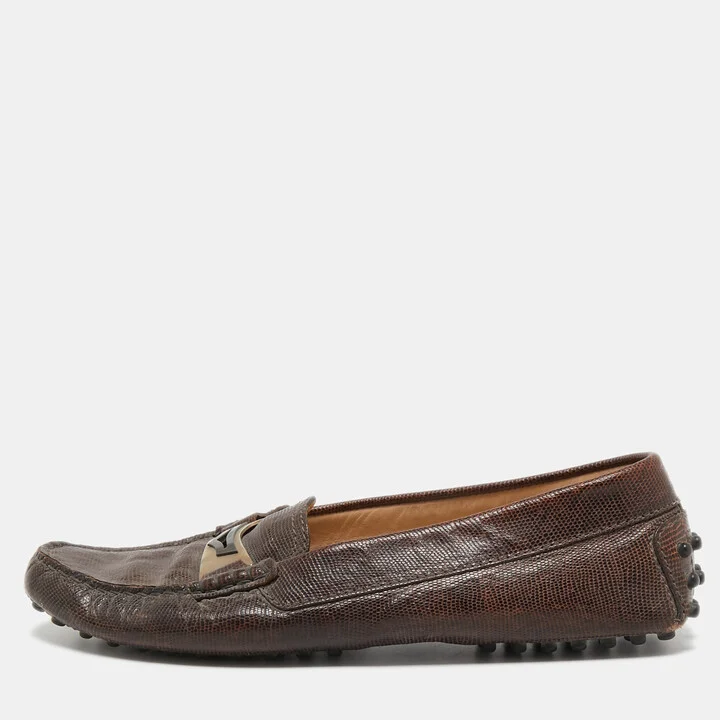 Tod's Dark Brown Lizard Embossed Leather Driver Loafers Size 37.5