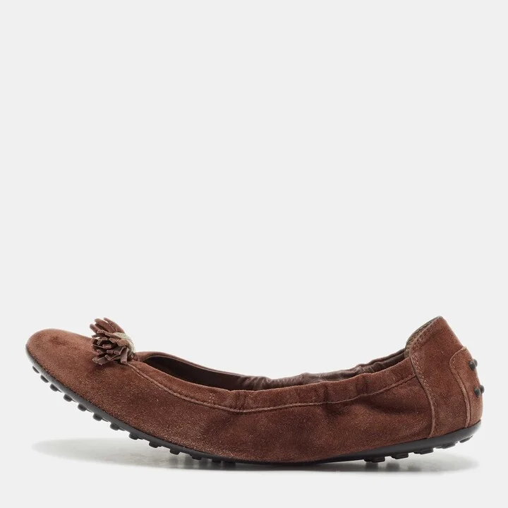 Tod's Dark Brown Suede Scrunch Ballet Flats Size 38