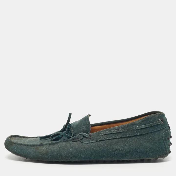 Tod's Dark Green Suede Bow Slip On Loafers Size 44.5