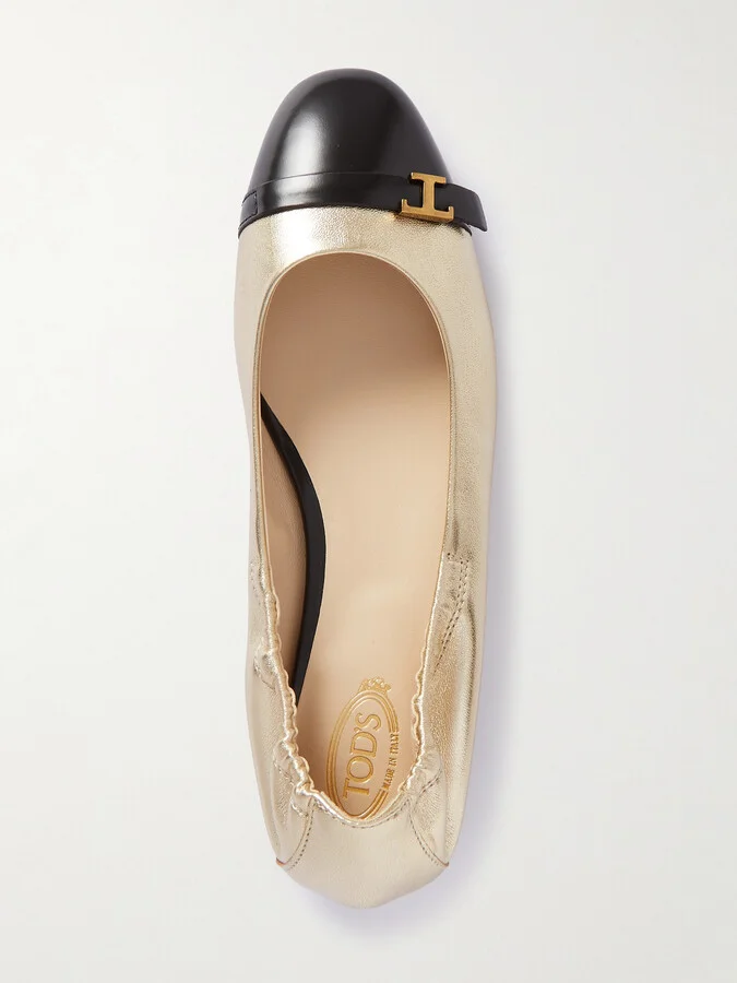 Tod's - Embellished Glossed And Metallic Leather Ballet Flats - Gold - Image 5