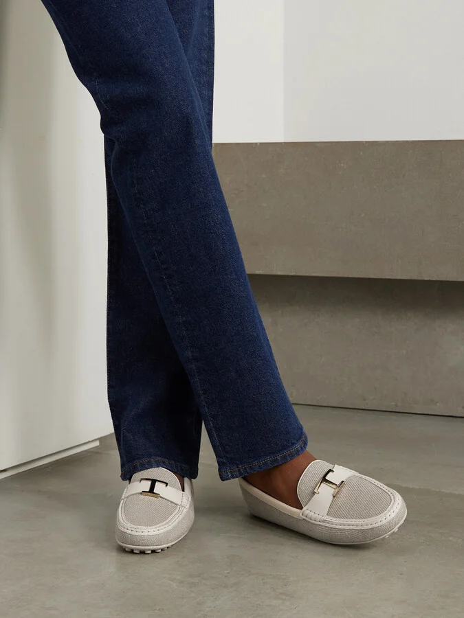 Tod's - Embellished Leather-trimmed Raffia Loafers - Gray - Image 2