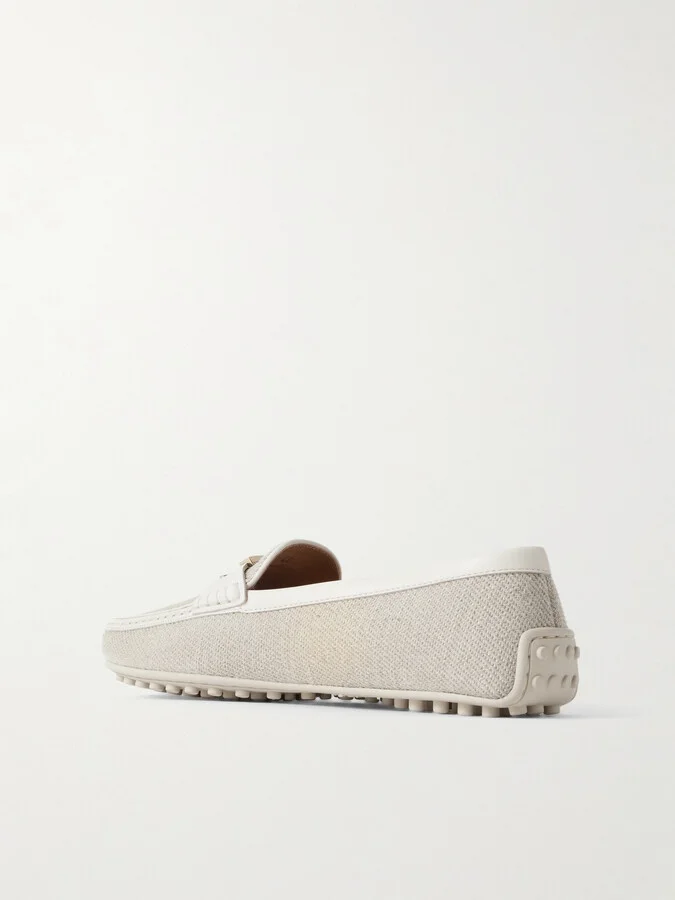 Tod's - Embellished Leather-trimmed Raffia Loafers - Gray - Image 3