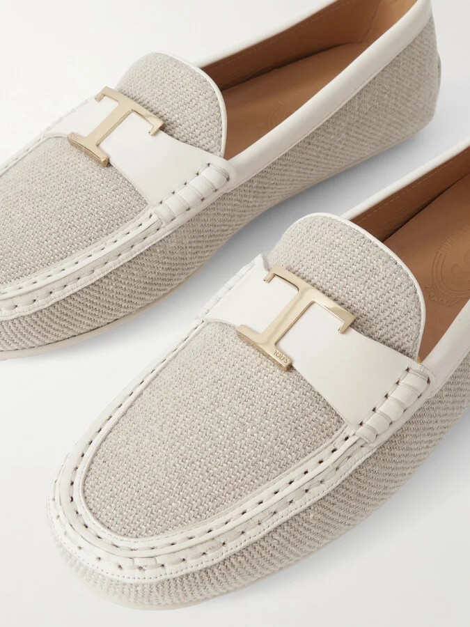 Tod's - Embellished Leather-trimmed Raffia Loafers - Gray - Image 4