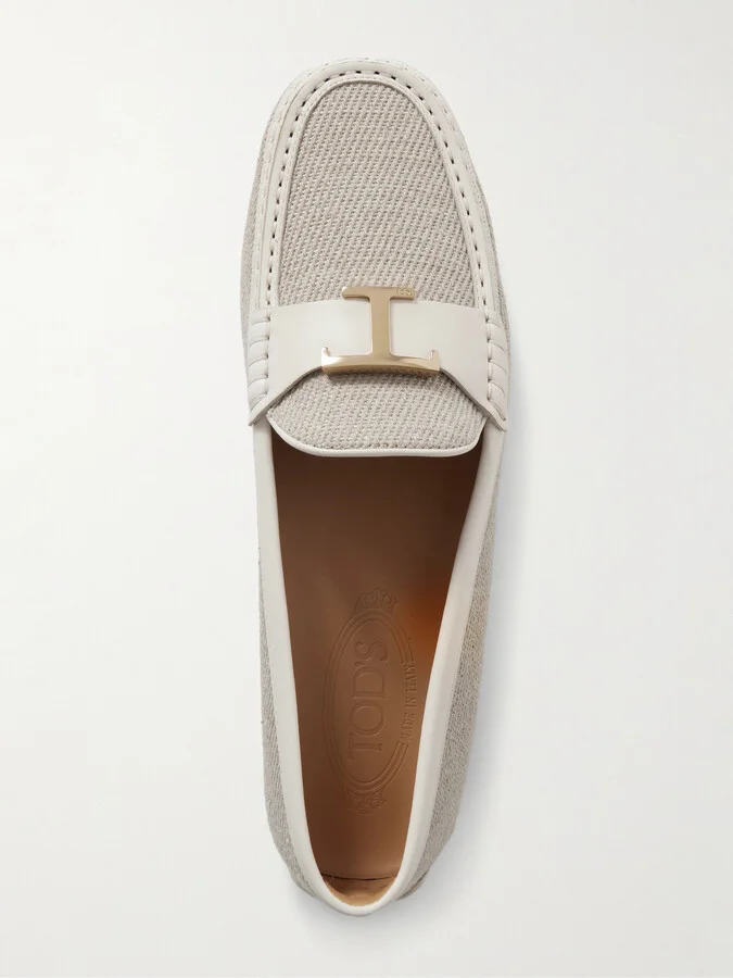 Tod's - Embellished Leather-trimmed Raffia Loafers - Gray - Image 5