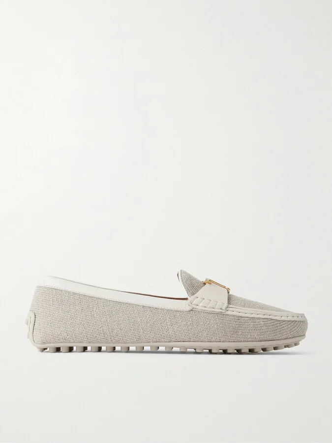 Tod's - Embellished Leather-trimmed Raffia Loafers - Gray