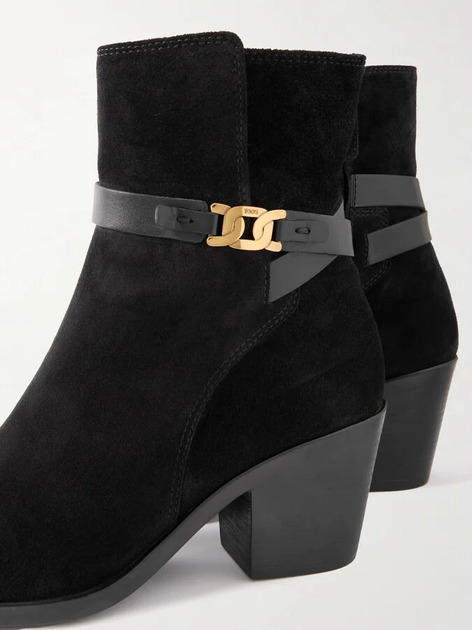 Tod's - Embellished Leather-trimmed Suede Ankle Boots - Black - Image 4
