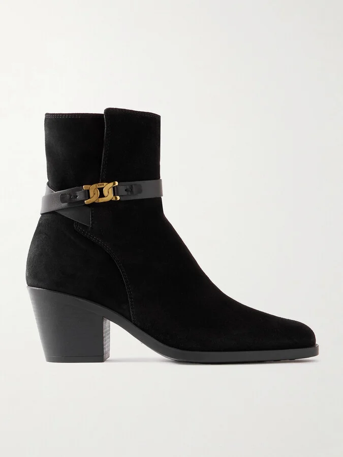 Tod's - Embellished Leather-trimmed Suede Ankle Boots - Black