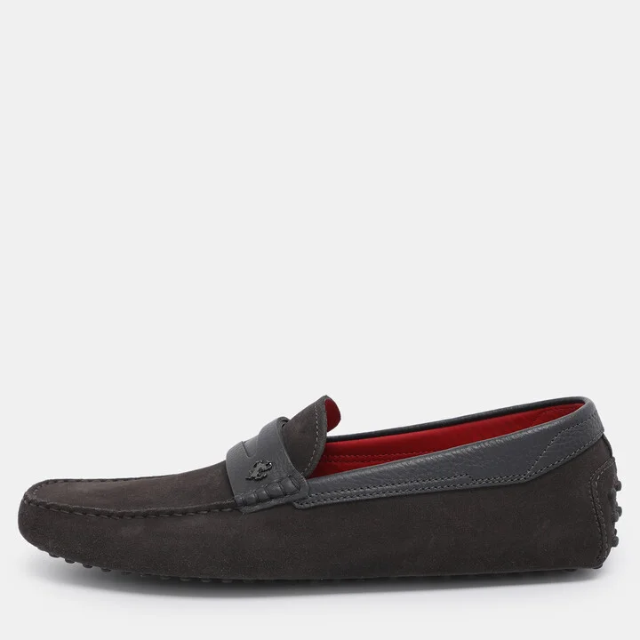 Tod's for Ferrari Grey/Dark Brown Suede Loafers Size 43