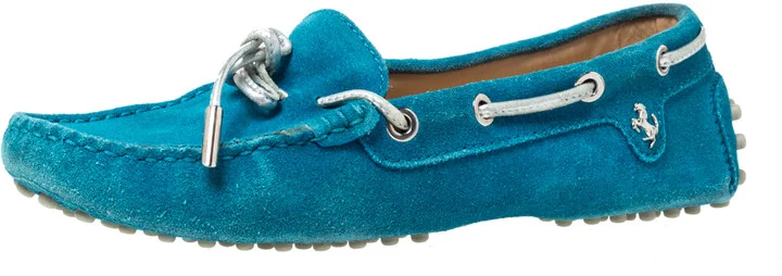 Tod's For Ferrari Teal Blue Suede Bow Loafers Size 35.5