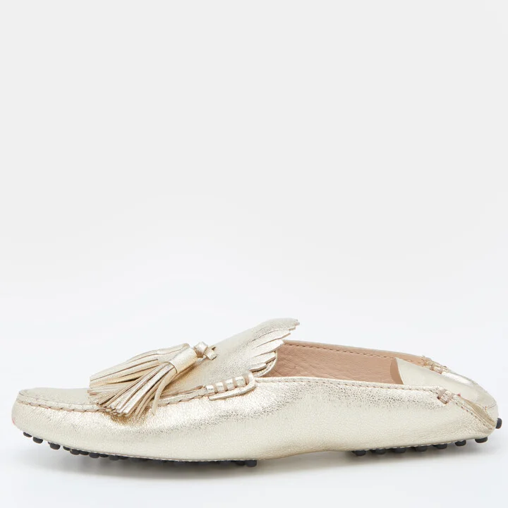 Tod's Gold Leather Fringe Flat Mules Size 35