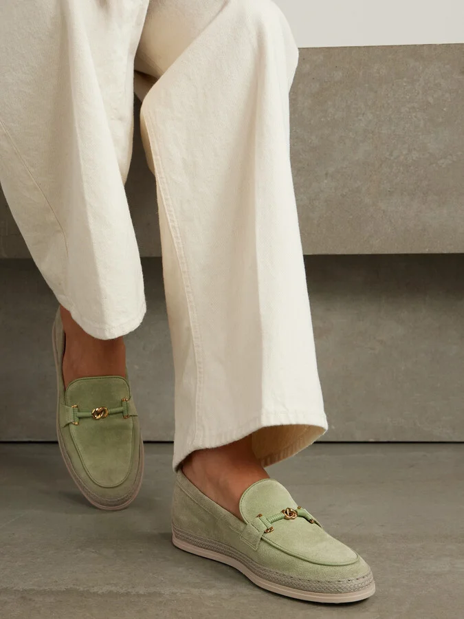Tod's - Gomma Embellished Leather And Raffia-trimmed Suede Loafers - Green - Image 2
