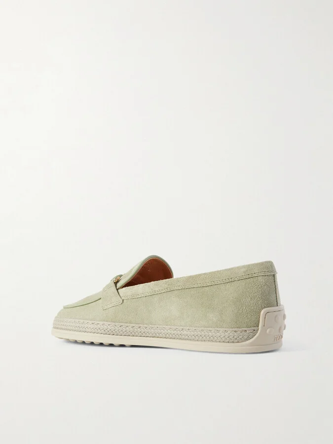 Tod's - Gomma Embellished Leather And Raffia-trimmed Suede Loafers - Green - Image 3