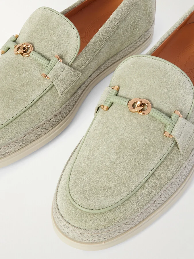 Tod's - Gomma Embellished Leather And Raffia-trimmed Suede Loafers - Green - Image 4