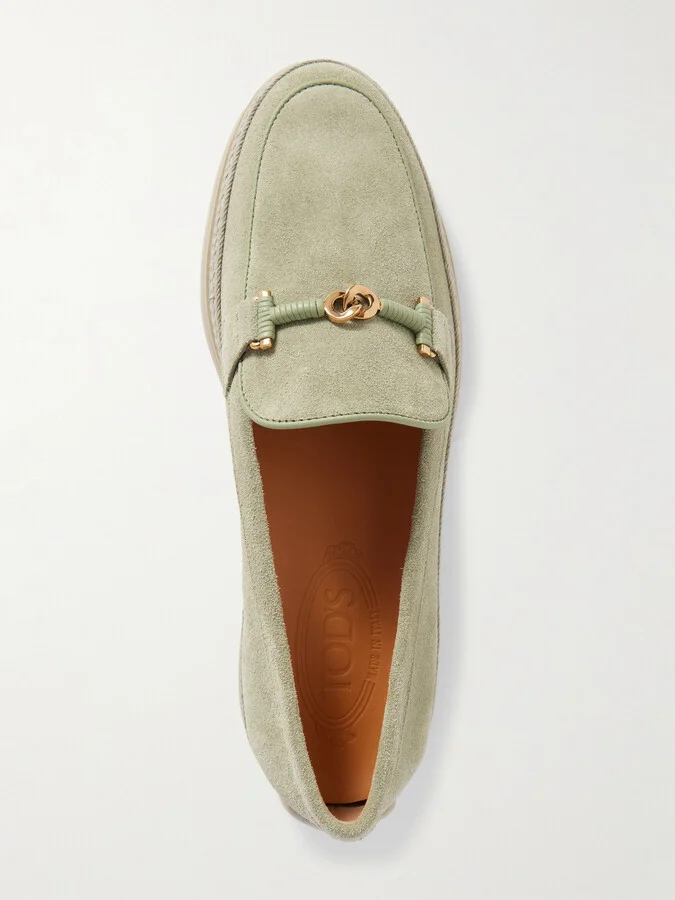 Tod's - Gomma Embellished Leather And Raffia-trimmed Suede Loafers - Green - Image 5