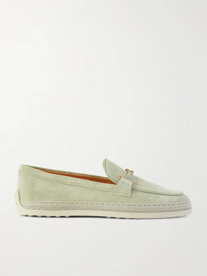 Tod's - Gomma Embellished Leather And Raffia-trimmed Suede Loafers - Green