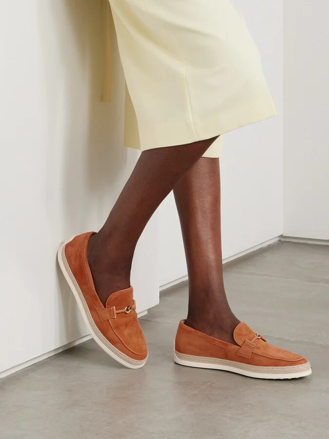 Tod's - Gomma Embellished Leather And Raffia-trimmed Suede Loafers - Red - Image 2